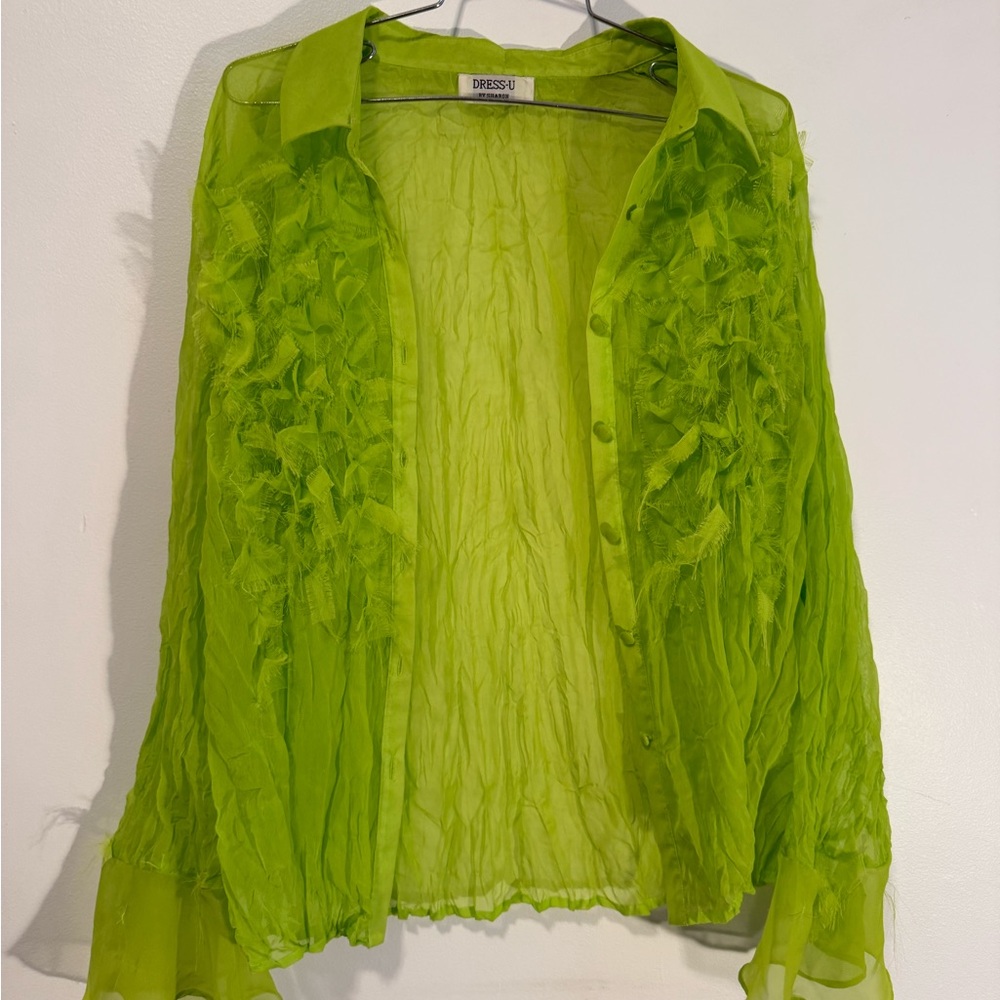 Lime Green Ruffle Button-Front Blouse - Picture 4 of 6